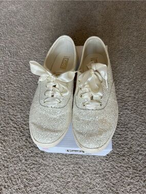 Keds Glitter Satin Lace-Up Sneakers in Ivory